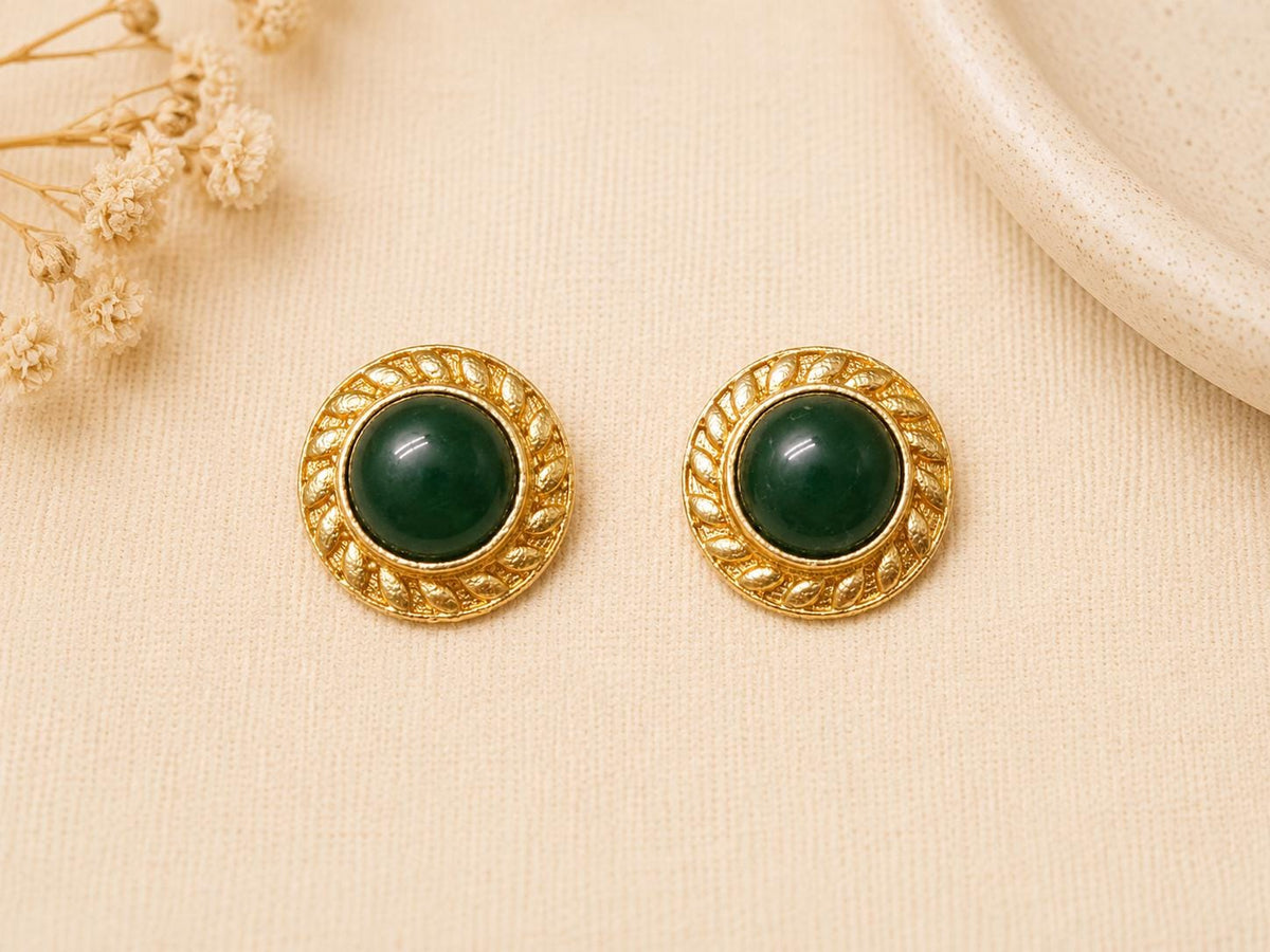 Green Agate Stud Earrings, Gold Plated Brass, Artisan Jewelry