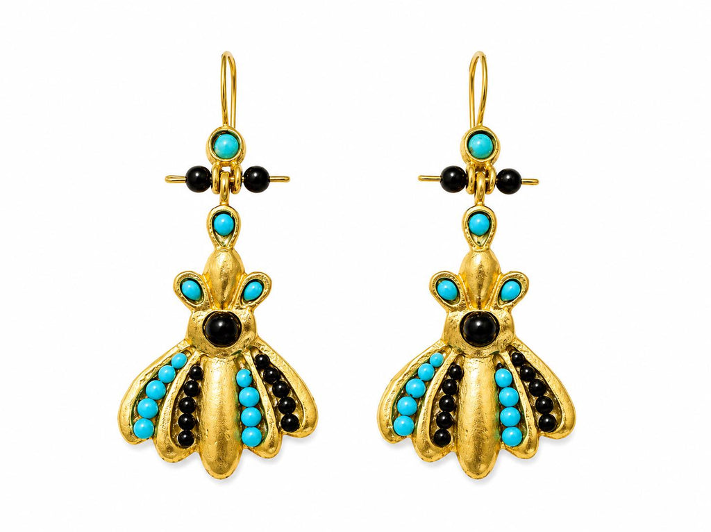 Bronze Plated Earrings, Black Agate and Turquoise, Hook Earrings