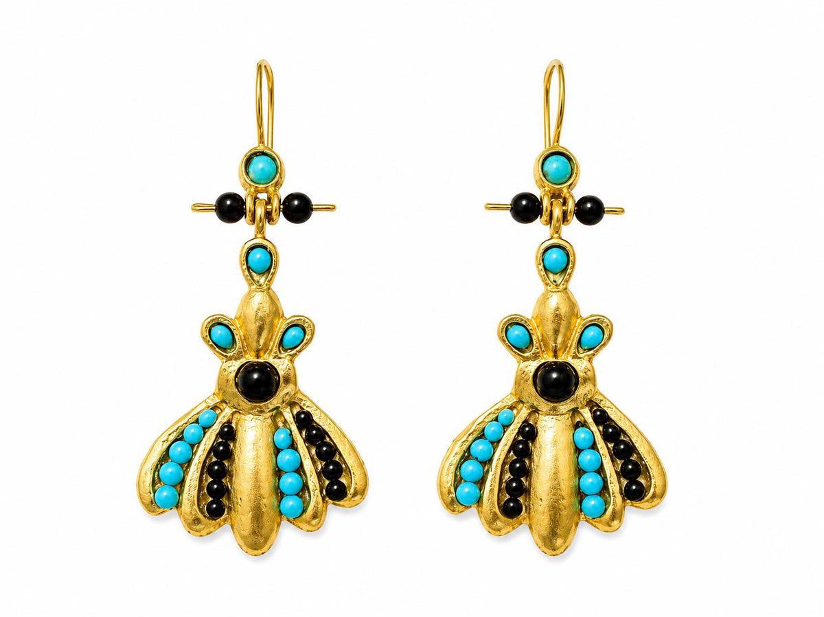 Bronze Plated Earrings, Black Agate and Turquoise, Hook Earrings