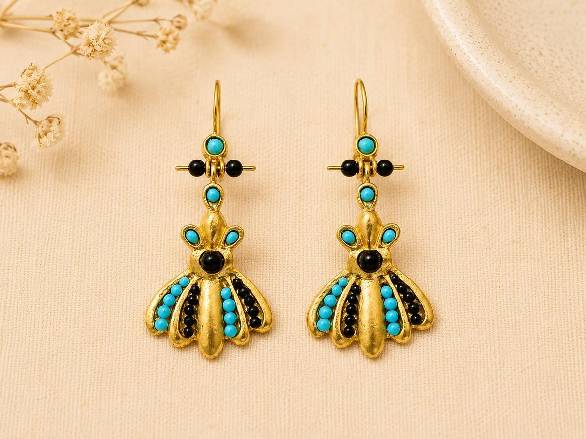 Bronze Plated Earrings, Black Agate and Turquoise, Hook Earrings