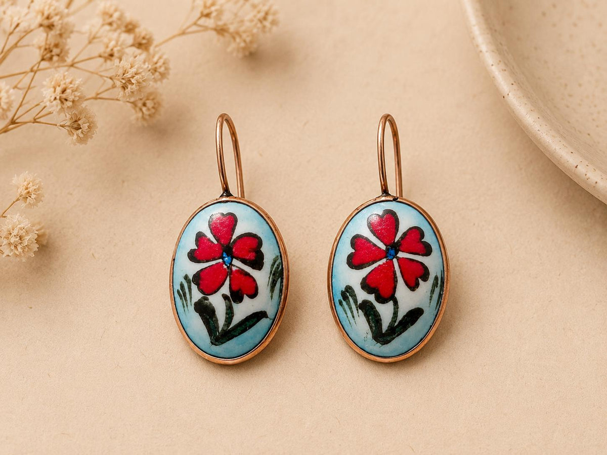 Iznik Tile Daisy Earrings, Turkish Bronze Dangle Earrings