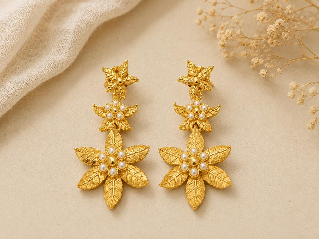Gold Plated Ottoman Flower Earrings with Pearls – Dangle Stud Styles
