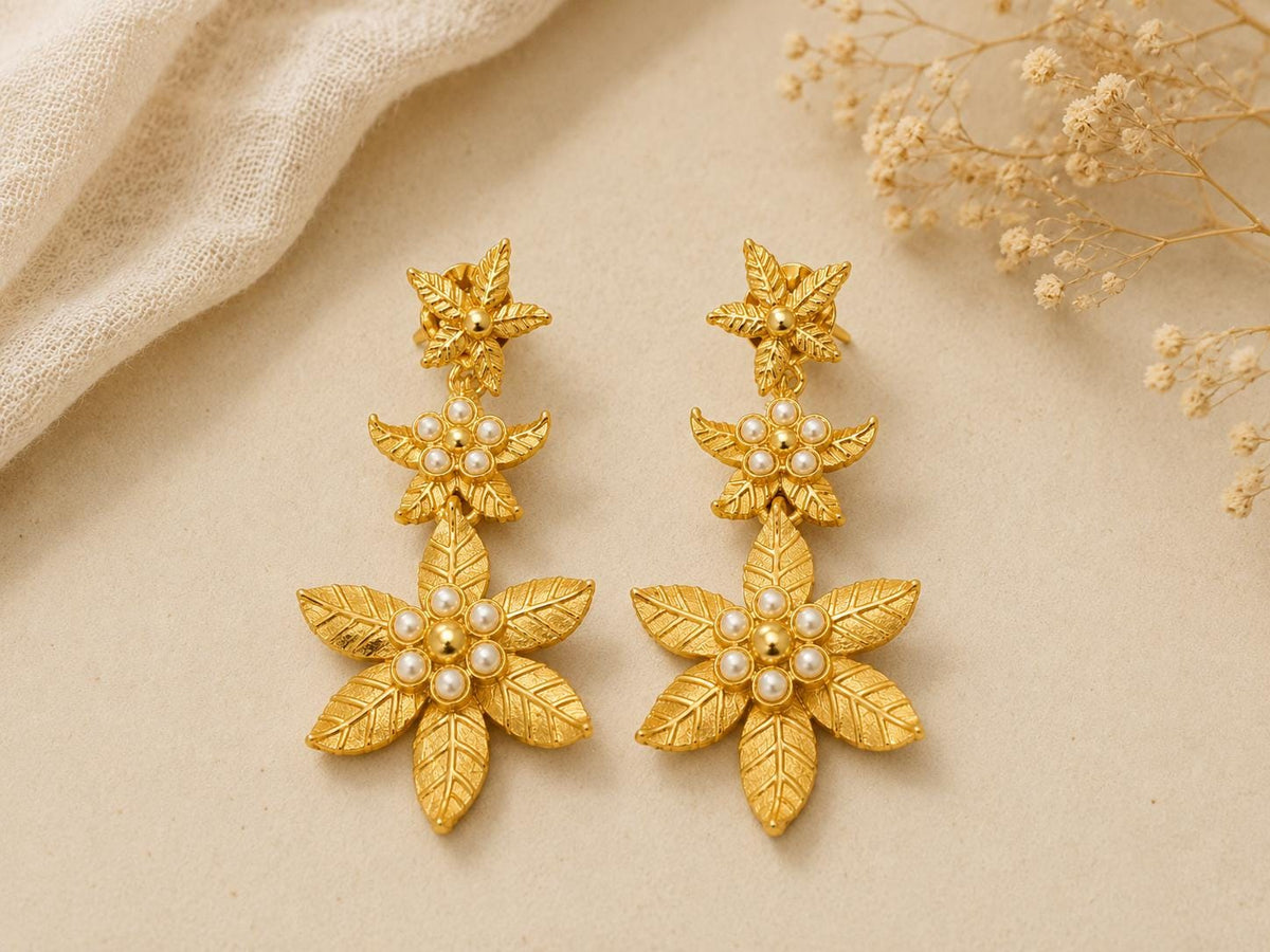 Gold Plated Ottoman Flower Earrings with Pearls – Dangle Stud Styles