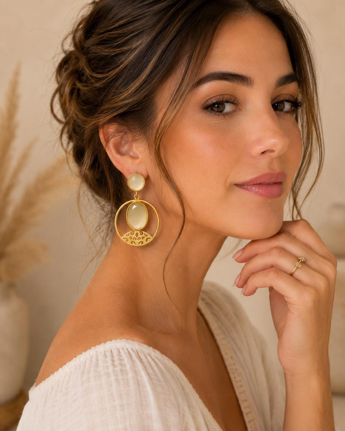 Gold Plated Cat Eye Stone Dangle Earrings: Chandelier Style for Daily & Special Occasions