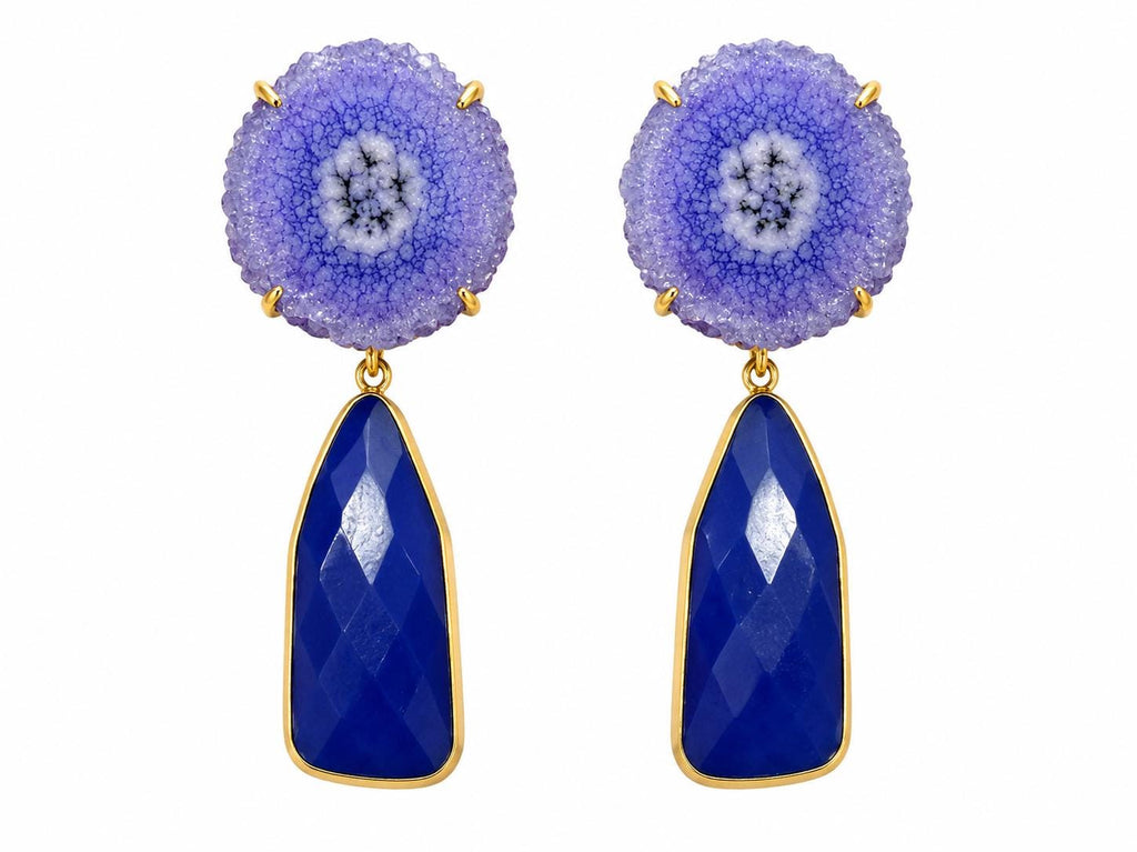 Gold Plated Solar Quartz & Blue Agate Dangle Earrings - Hypoallergenic