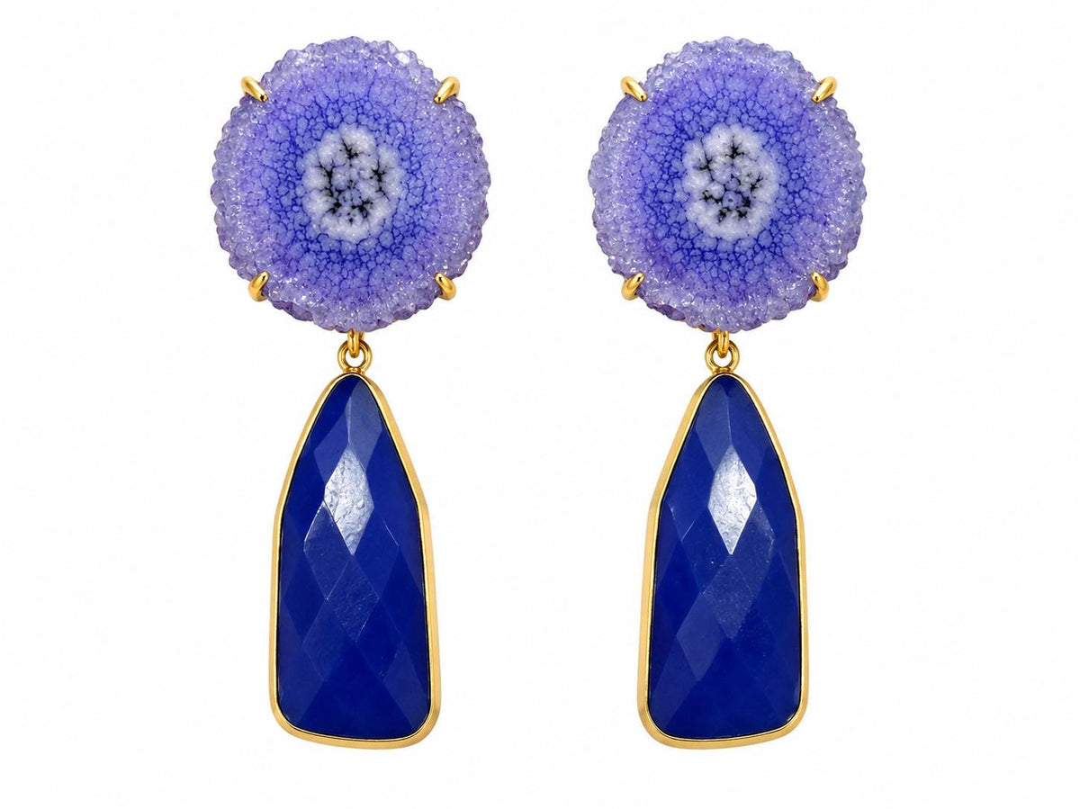 Gold Plated Solar Quartz & Blue Agate Dangle Earrings - Hypoallergenic