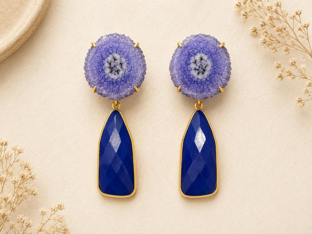Gold Plated Solar Quartz & Blue Agate Dangle Earrings - Hypoallergenic