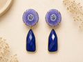 Gold Plated Solar Quartz & Blue Agate Dangle Earrings - Hypoallergenic