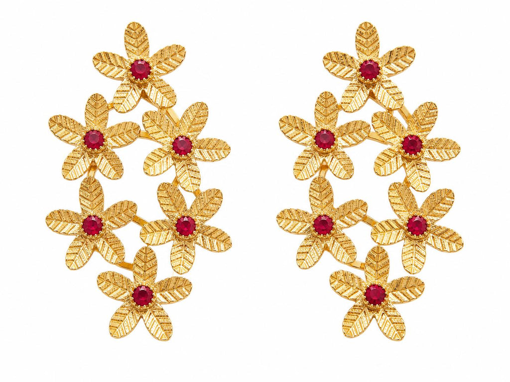 Rhinestone Ruby Brass Flower Earrings, Gold Plated Dangle Studs