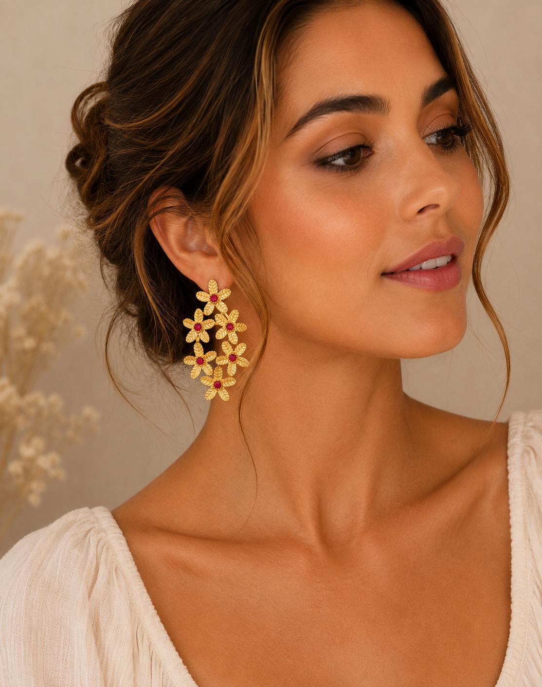 Rhinestone Ruby Brass Flower Earrings, Gold Plated Dangle Studs