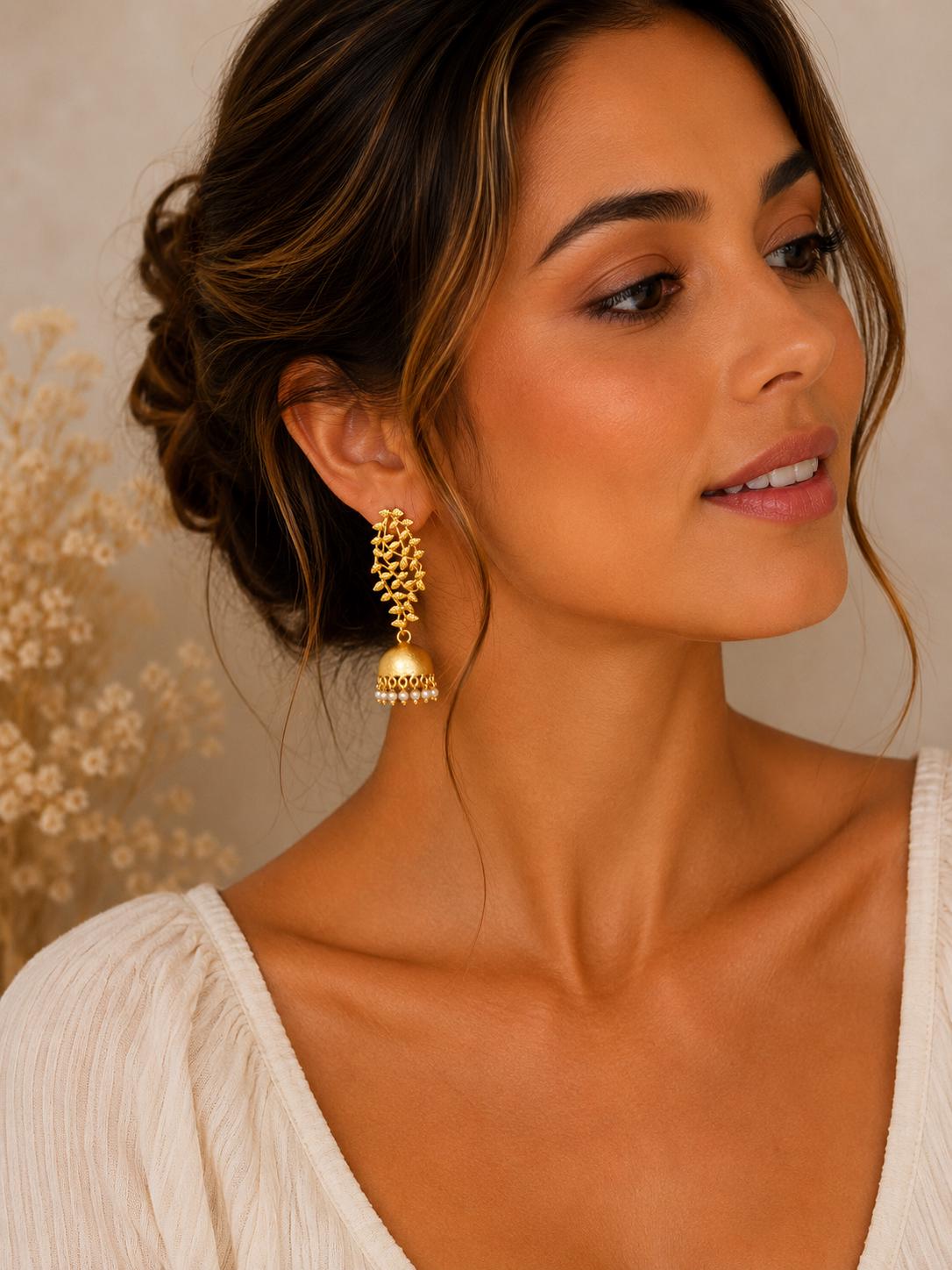 Gold Plated Brass Flamenco Earrings with Pearl Bells