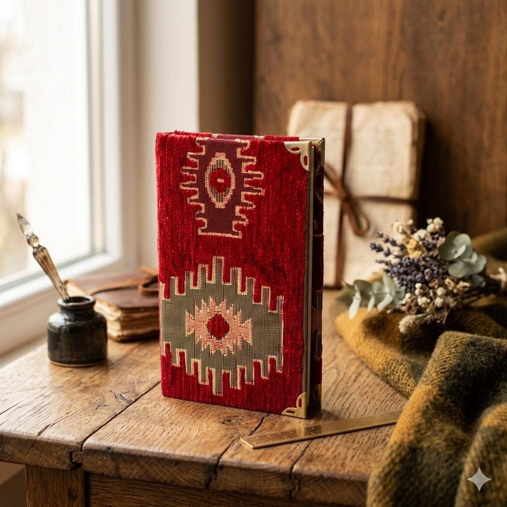Boho Red Turkish Fabric Sketchbook with Lined Pages and Brass Corners