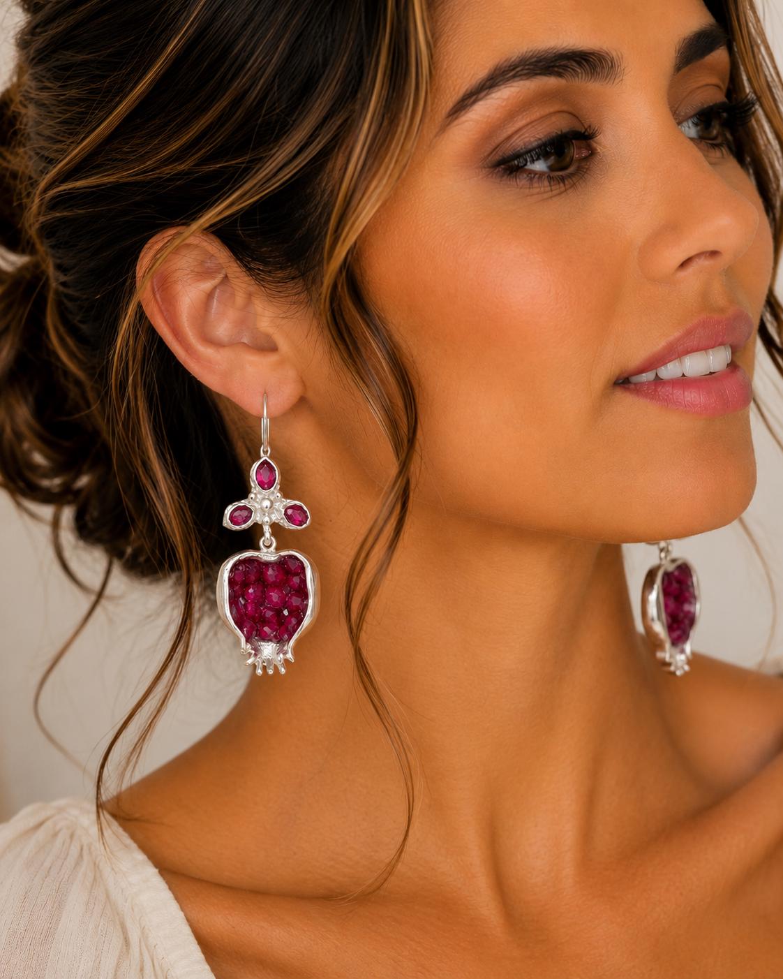 Pomegranate Earrings: Ruby Jade Bronze Silver Plated Boho Earrings