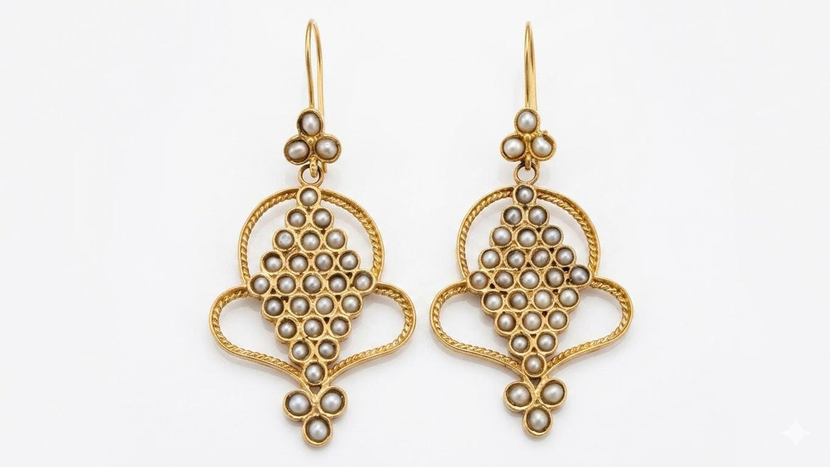 Ottoman Pearl Dangle Earrings, Gold Plated Bronze, Turkish Artisan Jewelry
