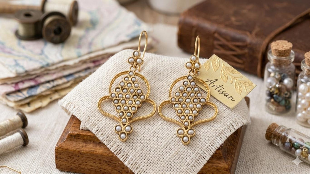 Ottoman Pearl Dangle Earrings, Gold Plated Bronze, Turkish Artisan Jewelry