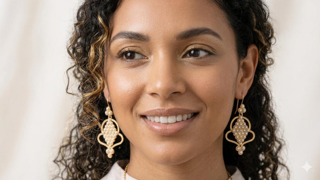 Ottoman Pearl Dangle Earrings, Gold Plated Bronze, Turkish Artisan Jewelry