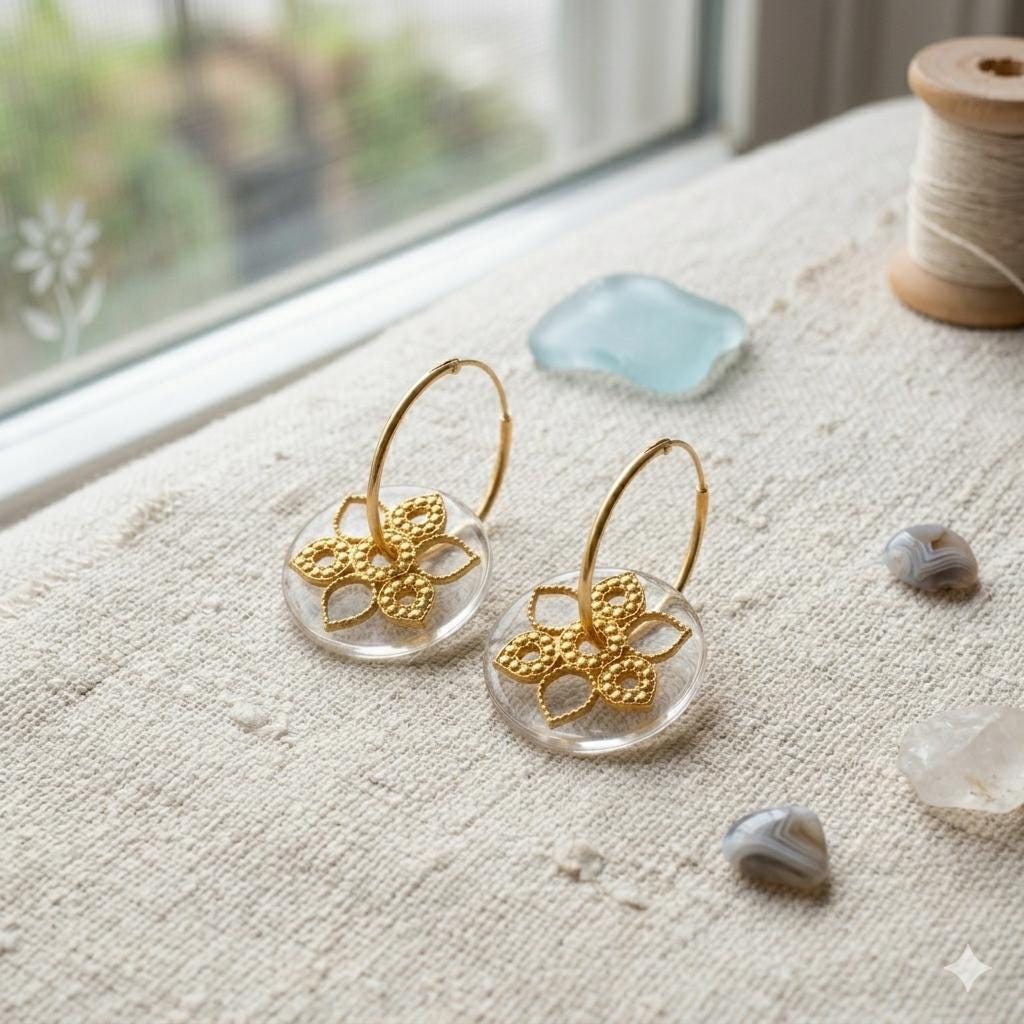 Gold Plated Hoop Earrings – Smoky Topaz Filigree Dangle Flower Artisan Jewelry