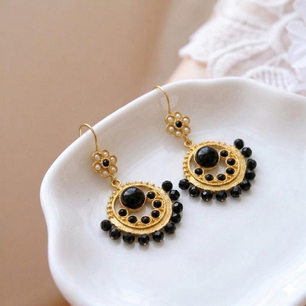Gold Plated Chandelier Earrings with Black Agate and Pearl – Ottoman Style Dangle Hypoallergenic Brass