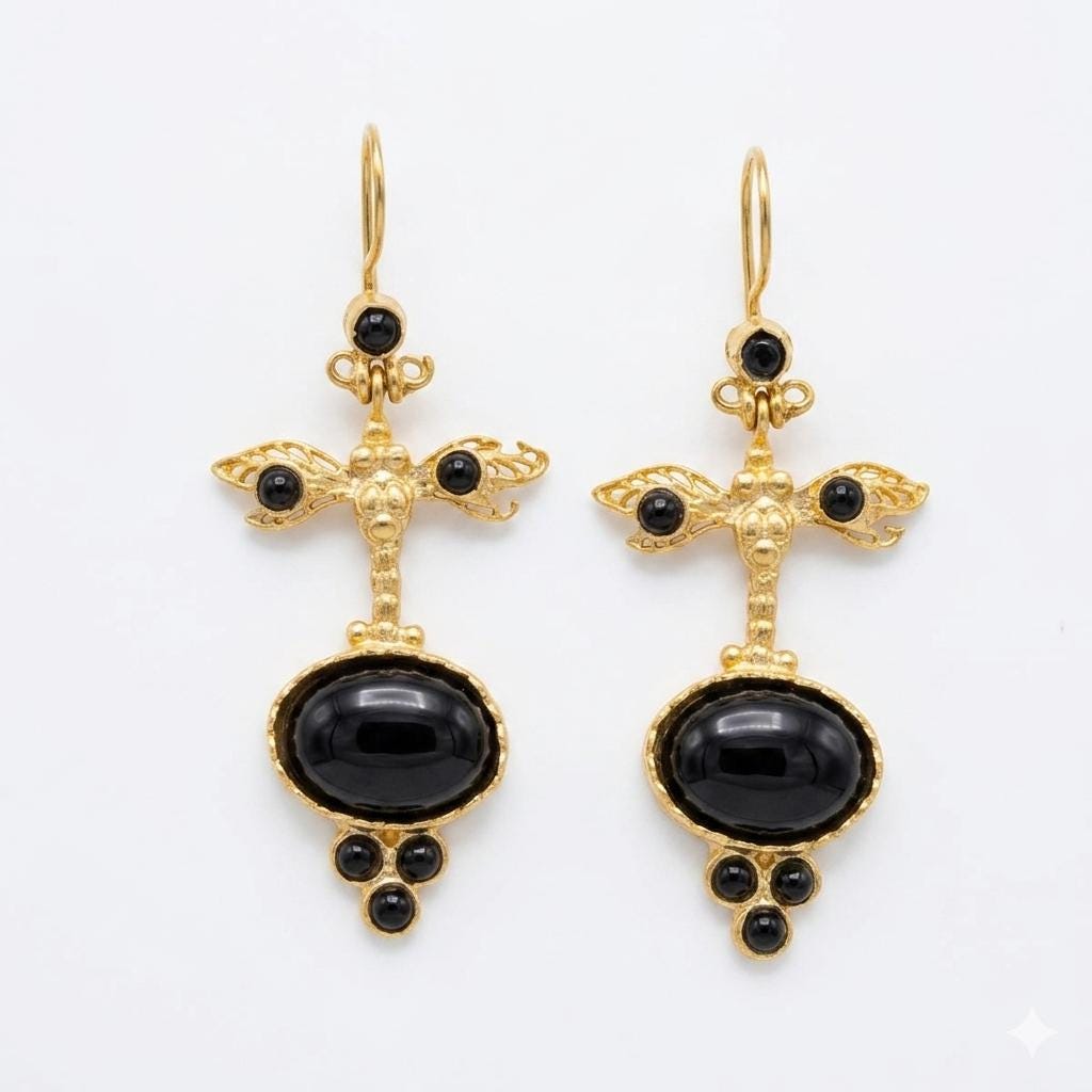 Ottoman Black Agate Dragonfly Earrings, Gold Plated Dangle