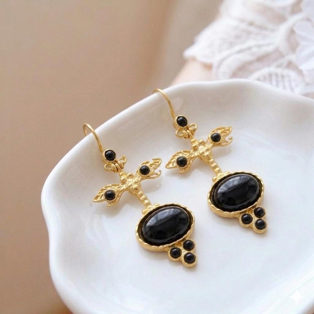 Ottoman Black Agate Dragonfly Earrings, Gold Plated Dangle