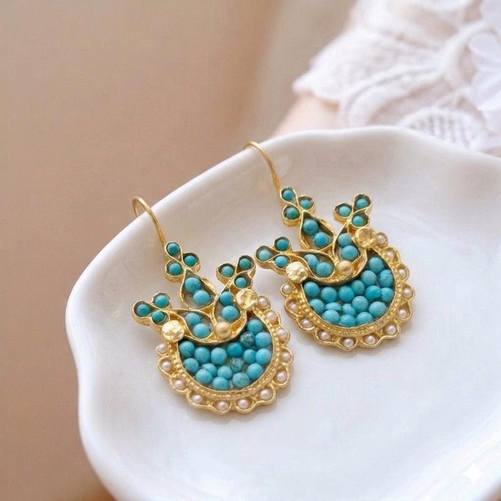 Gold Plated Turkish Tulip Earrings with Pearls, Turquoise – Ottoman Chandelier Style Bridal