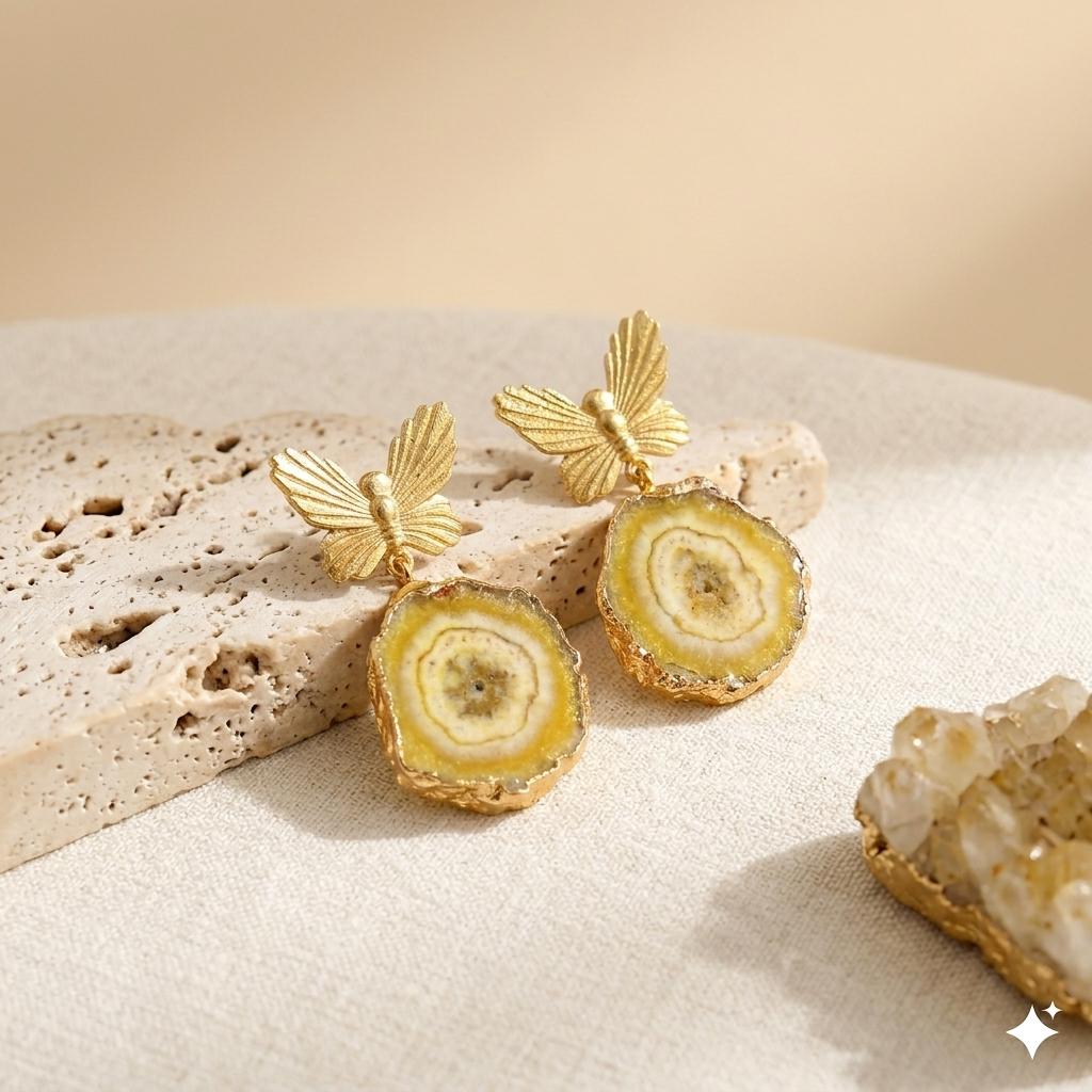 Gold Plated Brass Butterfly Quartz Earrings – Solar Gemstone Dangle Jewelry