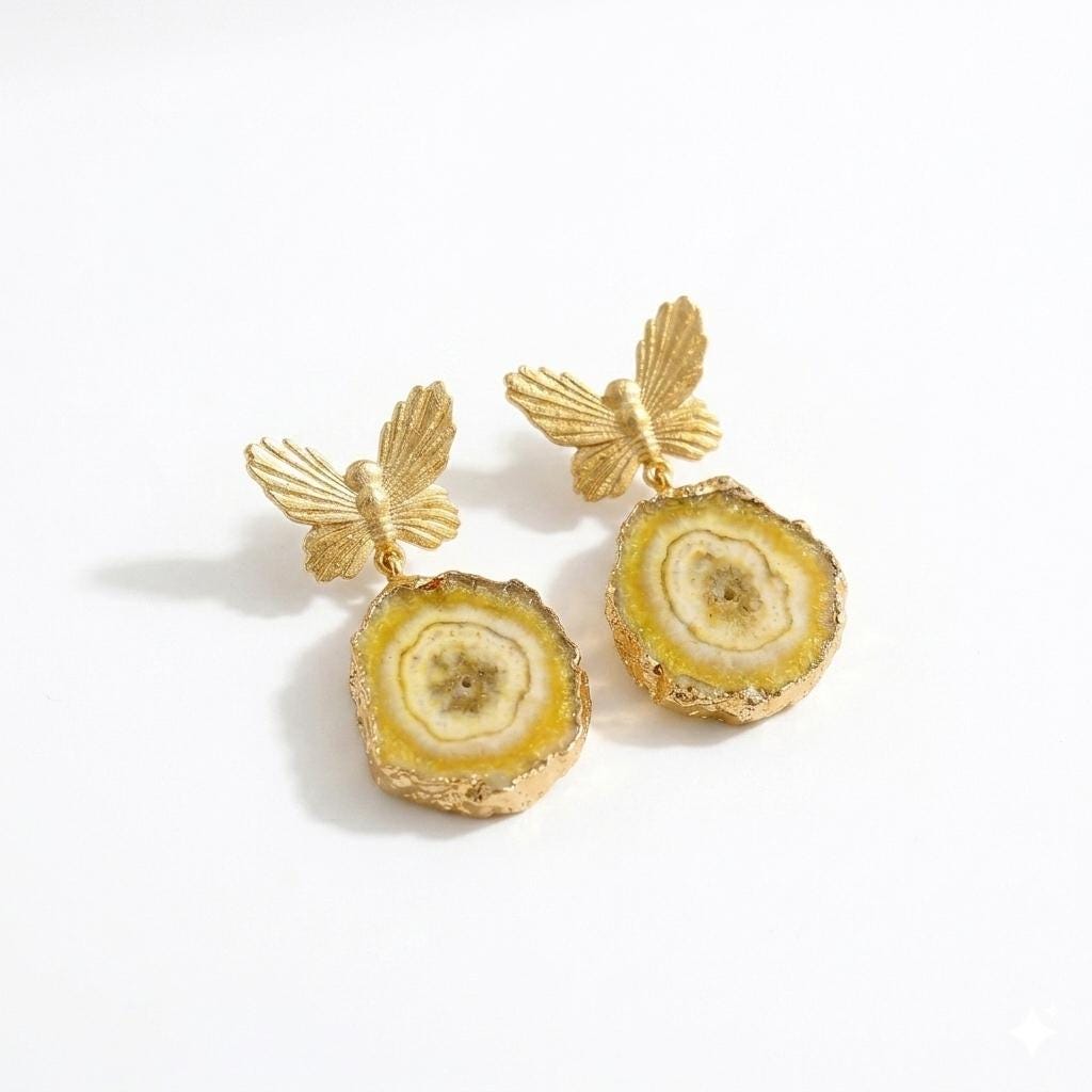 Gold Plated Brass Butterfly Quartz Earrings – Solar Gemstone Dangle Jewelry