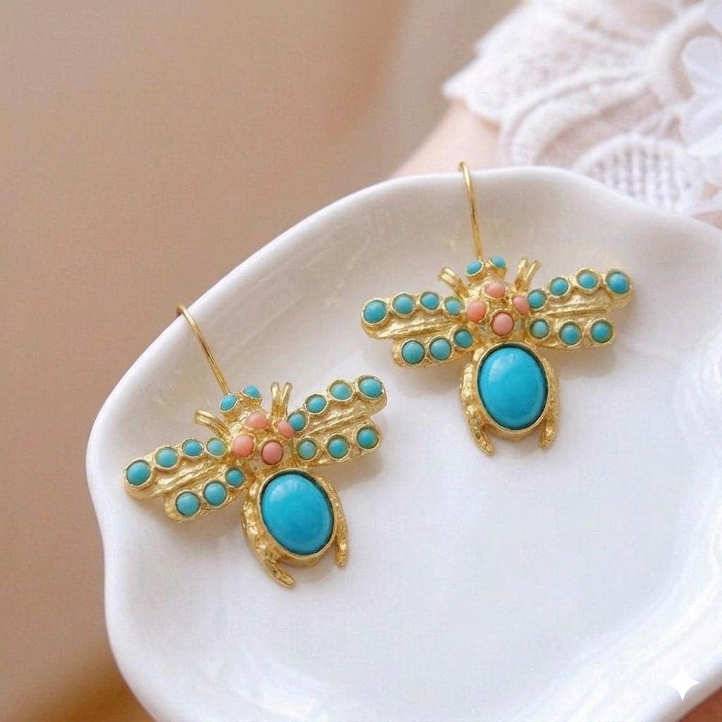 Turkish Dragonfly Chandelier Earrings, Turquoise Coral Pearl, Ottoman Hook Gold Plated