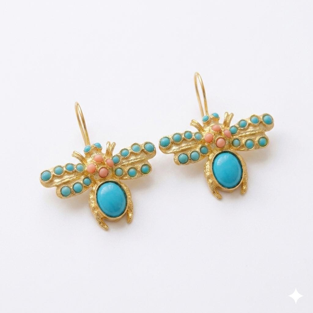 Turkish Dragonfly Chandelier Earrings, Turquoise Coral Pearl, Ottoman Hook Gold Plated