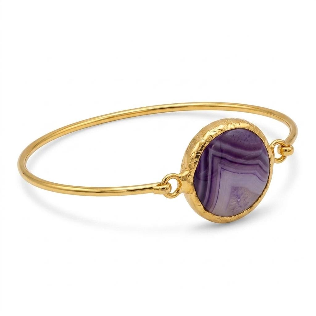 Gold Plated Brass Cuff Bracelet with Purple Quartz – Turkish Jewelry (5.5cm)