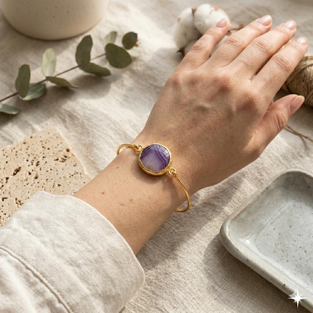 Gold Plated Brass Cuff Bracelet with Purple Quartz – Turkish Jewelry (5.5cm)
