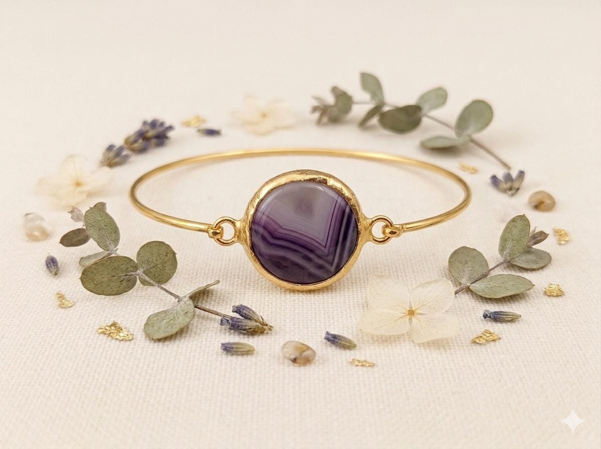 Gold Plated Brass Cuff Bracelet with Purple Quartz – Turkish Jewelry (5.5cm)