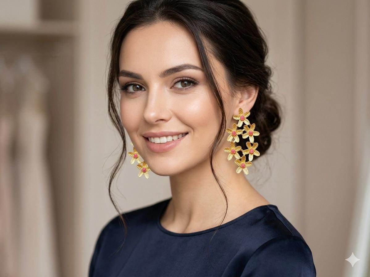 Rhinestone Salmon Flower Earrings, Gold Plated Bougainvillea Earrings