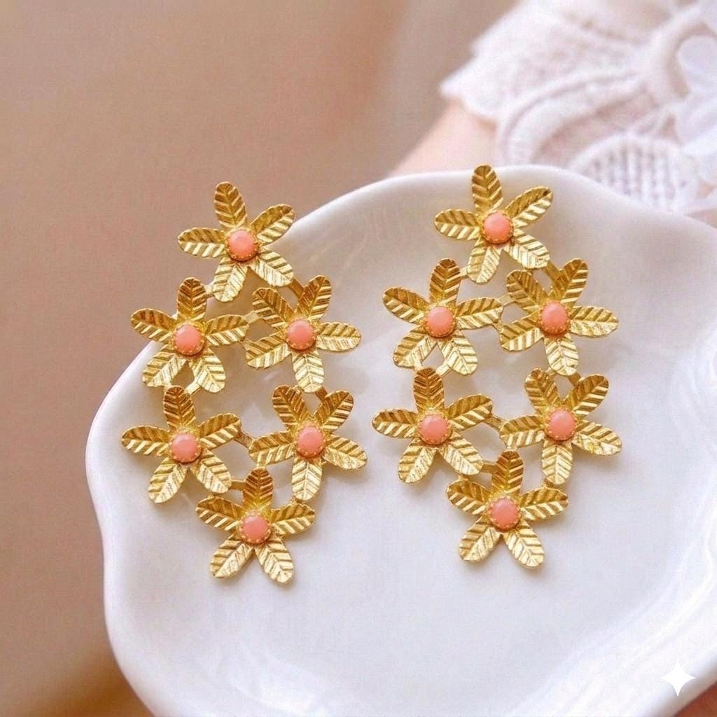 Rhinestone Salmon Flower Earrings, Gold Plated Bougainvillea Earrings