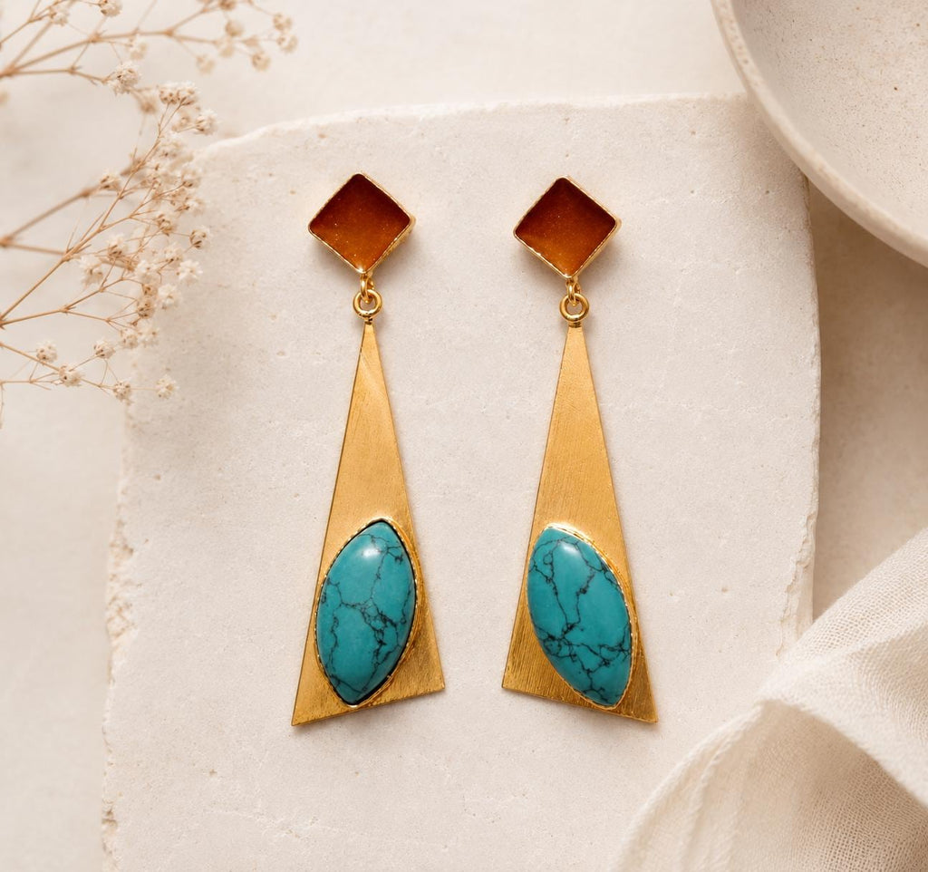 Art Deco Turquoise Dangle Earrings, Enamel Stud Chandelier Earrings