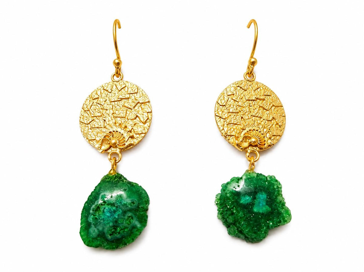 Green Solar Quartz Dangle Earrings – Hammered Gold Plated Brass, Tribal Style