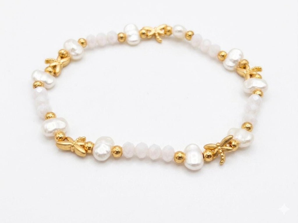 Gold Plated Dragonfly Pearl Bracelet – White, Pink, Blue Crystal Beads – Adjustable Cuff Jewelry
