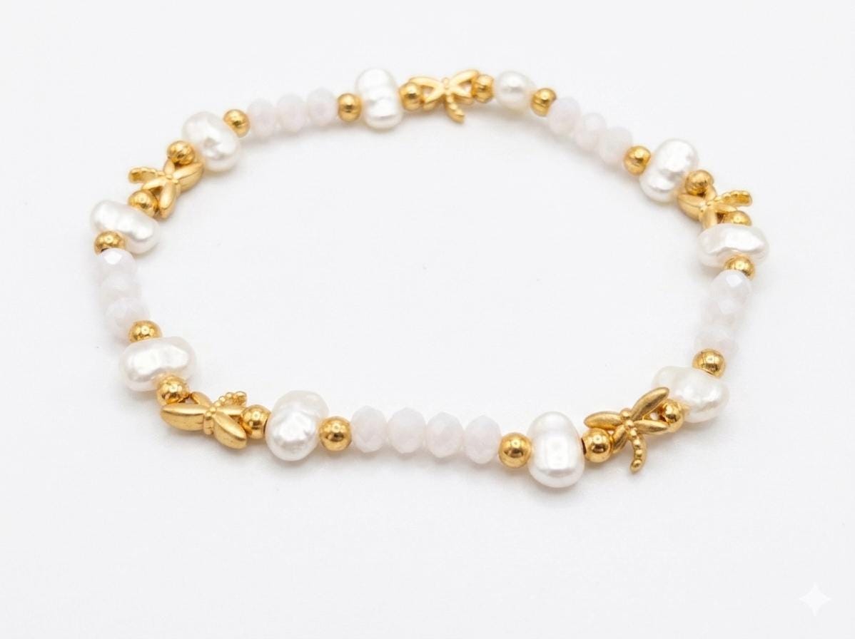Gold Plated Dragonfly Pearl Bracelet – White, Pink, Blue Crystal Beads – Adjustable Cuff Jewelry