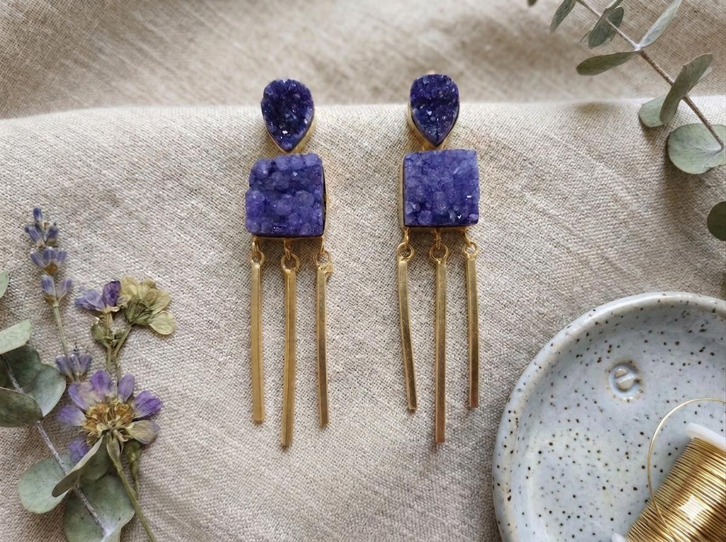 Handcrafted Blue Druzy Brass Tassel Earrings, Gold Plated Stud Dangles - Hypoallergenic