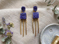 Handcrafted Blue Druzy Brass Tassel Earrings, Gold Plated Stud Dangles - Hypoallergenic