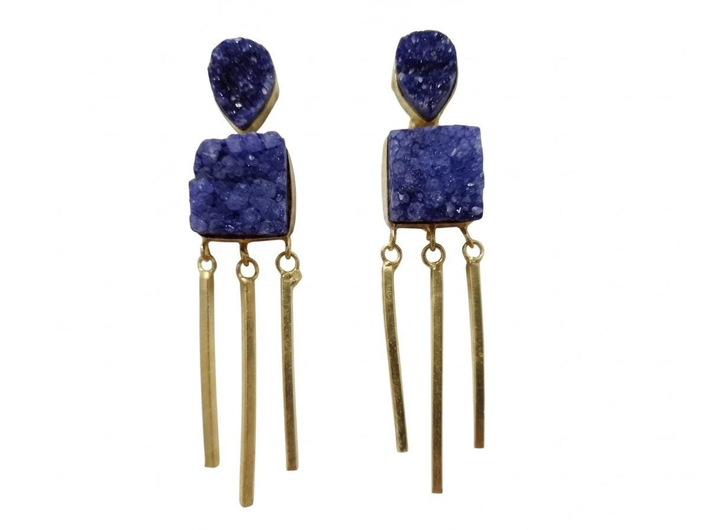 Handcrafted Blue Druzy Brass Tassel Earrings, Gold Plated Stud Dangles - Hypoallergenic