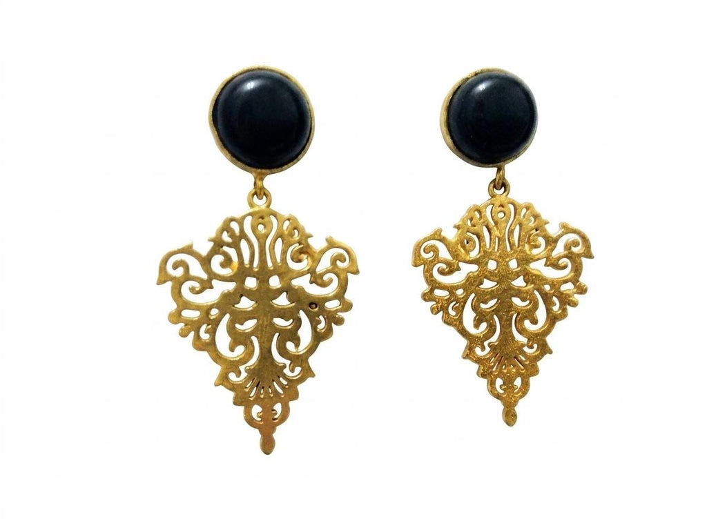 Gold Plated Brass Black Agate Dangle Earrings – Hypoallergenic, Daily Wear, Special Occasions