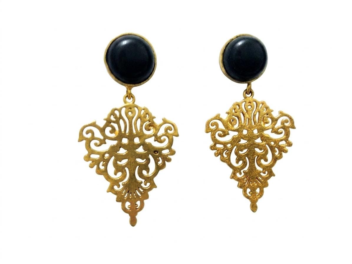 Gold Plated Brass Black Agate Dangle Earrings – Hypoallergenic, Daily Wear, Special Occasions