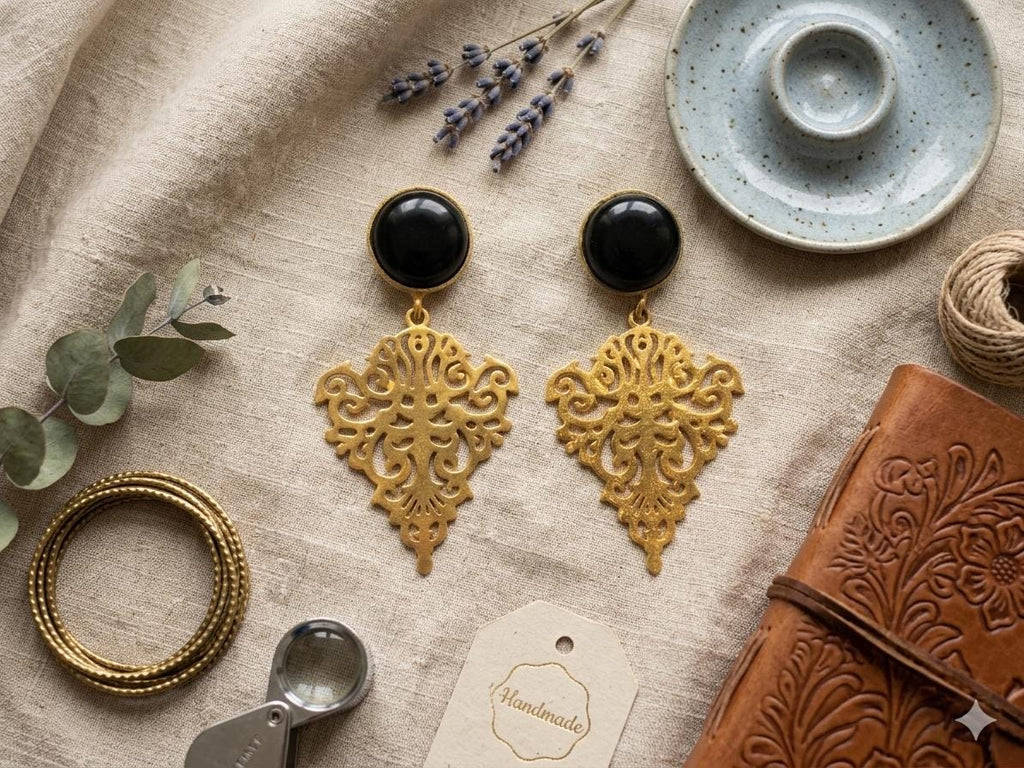 Gold Plated Brass Black Agate Dangle Earrings – Hypoallergenic, Daily Wear, Special Occasions