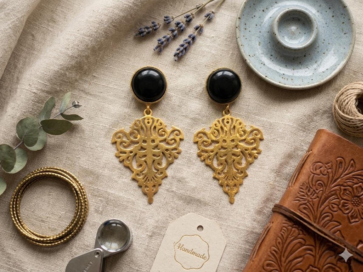 Gold Plated Brass Black Agate Dangle Earrings – Hypoallergenic, Daily Wear, Special Occasions
