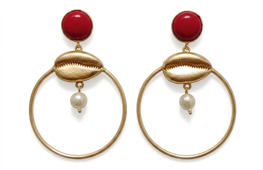 Gemstone Coral Cauri Shell Hoop Dangle Earrings for Daily Life and Special Occasions
