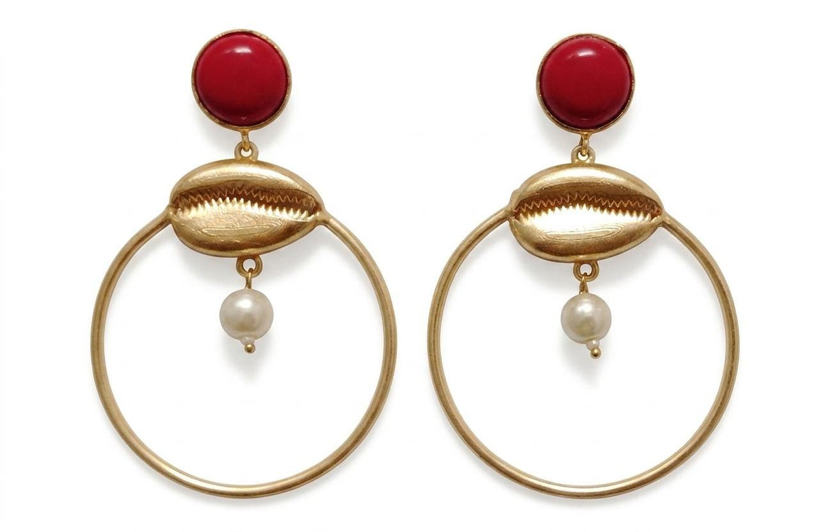 Gemstone Coral Cauri Shell Hoop Dangle Earrings for Daily Life and Special Occasions