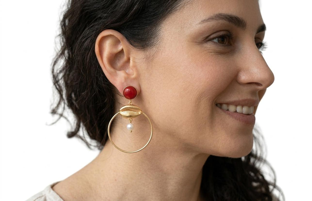 Gemstone Coral Cauri Shell Hoop Dangle Earrings for Daily Life and Special Occasions
