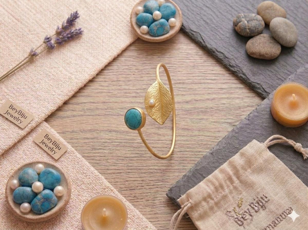 Adjustable Blue Howlite Leaf Bracelet, Gold Plated Brass, Pearl Accents