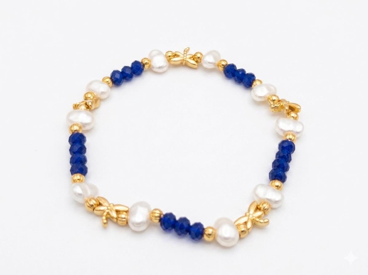Gold Plated Dragonfly Bracelet, Blue Crystal, Pearl Cuff, Turkish Jewelry